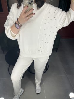 Premium taşlı eşofman takımı #krem