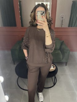 Premium taşlı eşofman takımı #kahverengi