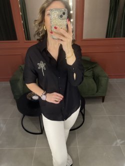 Çiçek taşlı gömlek #siyah