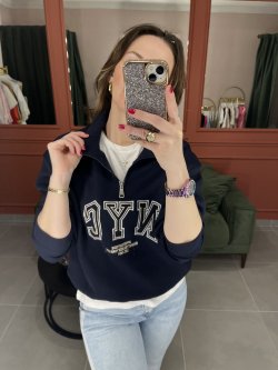 Yarım Fermuarlı Nakışlı Sweat lacivert