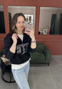 Yarım Fermuarlı Nakışlı Sweat siyah